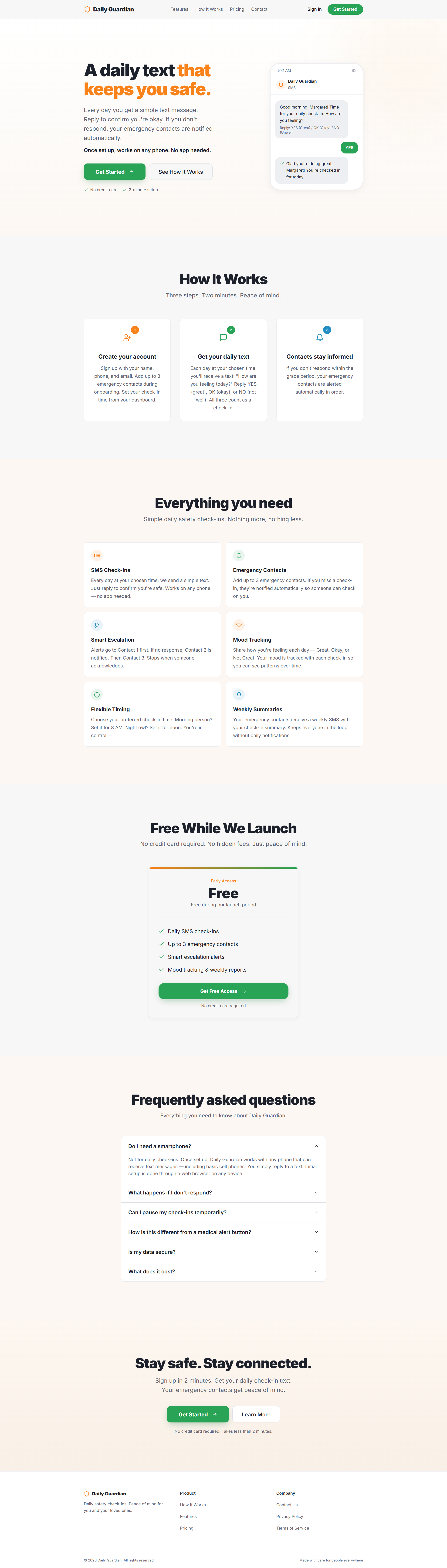 Daily Guardian SMS check-in platform landing page